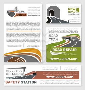 Road safety, repair and construction service company templates. Vector design of highways and motorway bridge building, transport tunneling pathway and transportation technology corporation