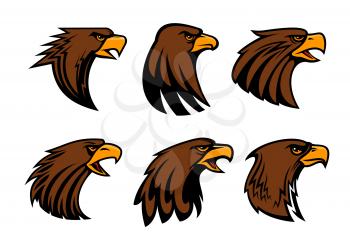 Eagle or hawk vector mascot for sport team badge. Symbol of predatory falcon bird head with open beak. Heraldic isolated icons set for army or military shield and security company