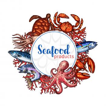 Seafood products vector poster for sea food and fish restaurant. Design of fresh fishing catch of octopus and lobster crab, shrimp prawn and salmon. Japanese seafood cuisine sketch menu or shop sign