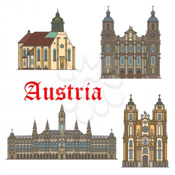 Austria landmarks and famous architecture buildings. Vector icons and facades of Wiener Rathaus town hall, Mel Abbey and St James and Graz Cathedral. Travel and tourism city sightseeing symbols