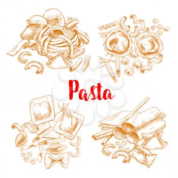 Italian pasta sketch poster or menu design vector template for traditional macaroni cuisine. Spaghetti and pappardelle or penne and lasagna, al dente tagliatelli or fettuccine and ravioli or konkiloni