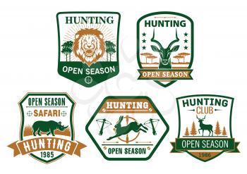 Hunting club icons or hunter open season vector badges set. Wild animals african safari lion, gazelle and rhinoceros, hare or rabbit and elk or forest deer. Hunt adventure guns, riffles and crossbows