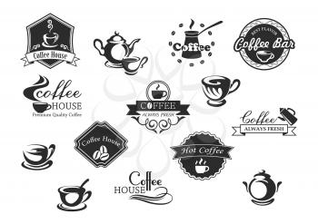 Coffee bar or cafe and cafeteria vector icons. Symbols of coffee beans and drinks. Cups, mugs and pots hot strong espresso or latte macchiato and americano frappe or chocolate for coffeeshop