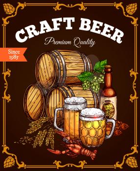 Beer pub poster. Vector design of craft or draught beer wood barrels, ale mugs and bottles for brewery or Oktoberfest bar label. Symbols of hop and wheat, dried fish kipper or lobster snacks on table