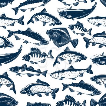 Fish seamless pattern of vector fishes. Fishing catch of tuna, pike and marlin or perch, bream, salmon and flounder or crucian, carp and mackerel sprat, sheatfish or catfish for seafood restaurant