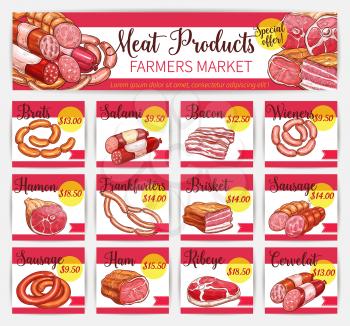 Meat products price cards for butchery shop or farmer market. Vector delicatessen of brats, wiener and frankfurter sausage, brisket ham, bacon and salami or cervelat, ribeye steak or hamon and brisket