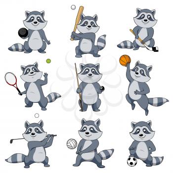 Cartoon raccoon vector icons of kid pet funny mascot character. Animal playing sport games rugby ball and baseball bat, football soccer and basketball, tennis racket and billiards cue or golf club and