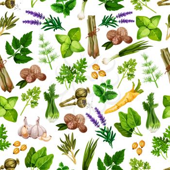 Herbs and spices pattern. Vector seamless design of spicy basil, dill and ginger, parsley or basil and arugula or thyme dressing. Lavender, rosemary and cinnamon with vanilla, peppermint, anise and or