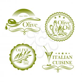 Olives and olive oil products vector labels set. Isolated icons of green olive in alcohol cocktail glass, Italian cuisine cooking pitcher or jar. Organic food symbols design for extra virgin oil
