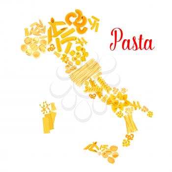 Italian pasta poster designed in Italy map shape of macaroni and spaghetti pappardelle or penne, tagliatelli or fettuccine and lasagna, ravioli or konkiloni, rigati rigatoni and farfalle noodles