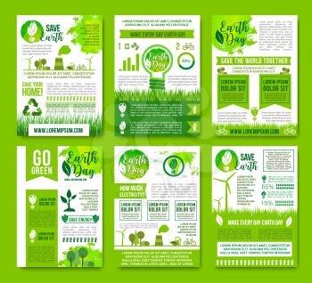 Save Earth vector information or infographics brochures set. Natural sources consumption and green energy use for environment conservation and nature ecosystem protection concept with graphs and diagr