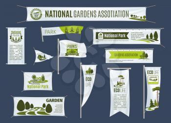 Gardens association and national parks gardening organization vector templates of banner billboards, flags or ribbons and signboards. Design for green eco environment protection and ecology conservati