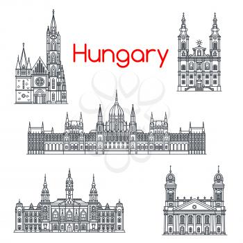 Hungary architecture and Hungarian famous landmark buildings. Vector isolated icons and facades of Budapest Parliament, Matthias and Debrecen Church and Minorite Miskolc, City Hall Gyor