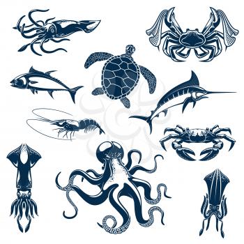 Fishes, sea o ocean animals vector icons. Turtle, marlin or tuna, lobster crab with fisher tackle net and octopus, squid cuttlefish and prawn shrimp. Underwater fauna isolated set for seafood of fishi