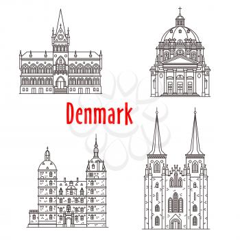 Denmark architecture and Danish famous landmark buildings. Vector isolated icons and facades of Vallo Castle, Vejle Town Hall, Roskilde Cathedral and Frederiks Church in Copenhagen