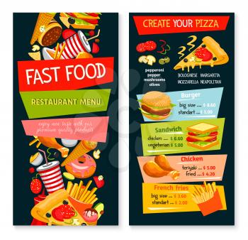 Fast food restaurant vector menu. Price template design with fastfood snacks drinks and meals of hamburger and cheeseburger sandwiches, pizza and chicken legs or wings, french fries, popcorn and ice c