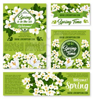 Happy Spring vector greeting poster and banners set with springtime holiday quotes. Green nature design of blooming crocuses and orchid bouquets or jasmine blossoms and bunches on grass field