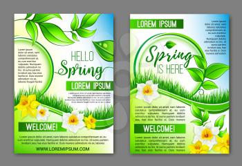 Welcome Spring vector posters with yellow daffodils and white narcissus. Springtime flowers bouquet and green blooming nature grass and plants tendrils for spring holidays vector design or greetings