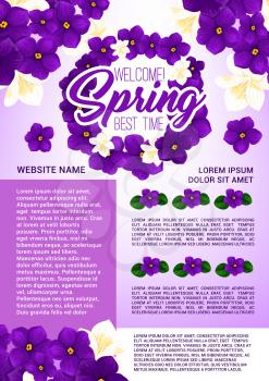 Spring holidays floral wreath for greeting poster template. Flower frame with wishes of Happy Spring and blooming bunch of crocus, violet and jasmine flowers with green leaf for springtime design