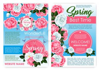 Spring flowers design for seasonal springtime holiday greetings, Vector posters set of garden roses and blooming flowers bouquets. Welcome Spring quotes on floral bunches with butterflies on blossoms