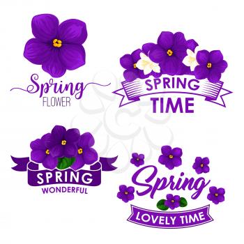 Spring flower bouquet isolated symbol set. Flowers of violet and jasmine with green leaf and ribbon banner. Floral icon for springtime holidays design