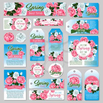 Spring rose gift tag and greeting card set. White and pink rose flower with green leaf and floral bud, decorated by ribbon banner for springtime holidays festive design