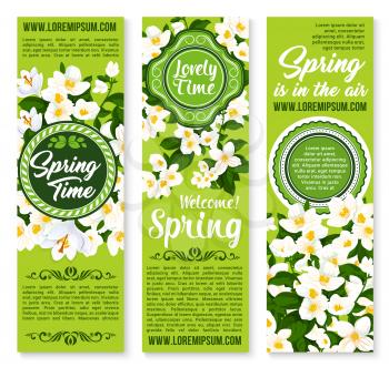 Spring Time vector banners set with greeting and holiday wishes. Spring is in Air quotes design of jasmine blossom or blooming crocuses flowers on green grass field and flourish bouquets