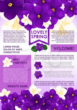 Welcome Spring poster with floral border. Springtime holidays welcome web banner with blooming flowers of crocus, jasmine and violet, green leaf and ribbon. Spring season themes design