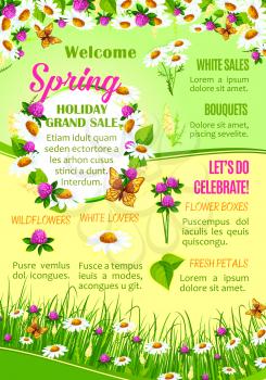 Spring flowers sale poster template for flower shop design. Floral banner with flower box, bouquet, wildflower and fresh petal discount price offer, adorned by spring floral wreath and border