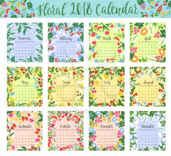 Floral year calendar with wild flower and berry frame. Monthly calendar, edged by floral wreath of daisy, lily, bell flower, strawberry, cherry and cornflower. Floral planner, organizer design