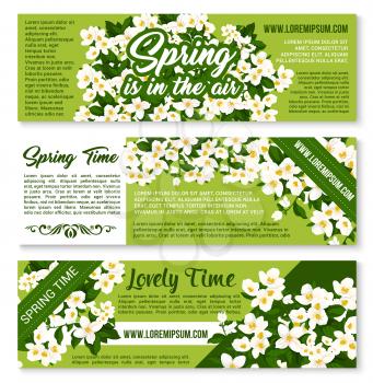 Welcome Spring Time vector banners of blooming springtime flowers, flourish wreath and jasmine bouquets for greeting poster. Springtime holidays wishes and quotes with snowdrops or crocuses blossoms