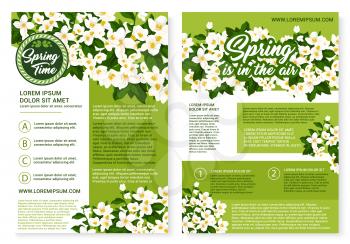 Spring Time greetings and blooming flowers design for springtime holiday vector posters. Spring is in the air quotes on blooming white crocuses wreath, jasmine blossoms on green nature field