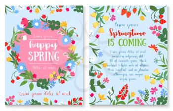 Happy spring and springtime holidays poster with spring wild flower and berry wreath. Greeting card with floral frame and border of daisy, lily, strawberry, cherry, bell flower and flowering herbs
