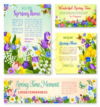 Springtime holidays banner template set. Spring flower greeting card with text layout, edged by tulip, lily of the valley, narcissus, crocus, snowdrop and flying butterfly. Spring floral poster design