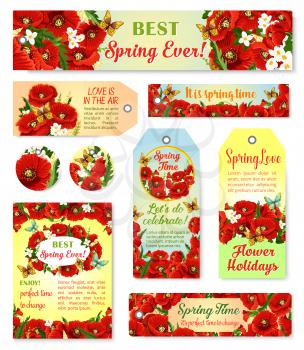 Spring time vector cards and tags set with flowers bouquets and greeting quotes. Floral springtime design of blooming poppy flowers bunches and jasmine blossoms in green spring field with butterflies