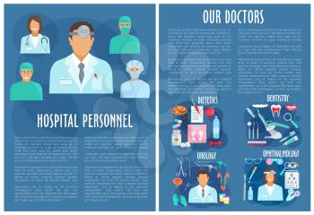 Hospital personnel. Vector brochure for urology, dietetics healthcare, dentistry and ophthalmology medical staff and medicines of eye glasses, tooth implant, urogenital catheter syringe and pills