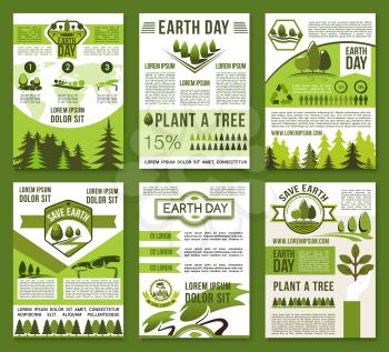 Earth Day and ecology conservation poster set. Eco green nature protection, tree planting, recycling principles of eco friendly lifestyle and sustainable industry banner for Earth Day holiday design