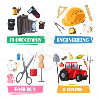 Profession vector items, tools and accessories. Photography camera flash, engineering ruler and construction project, fashion designer or dressmaker scissors and sewing thread, farming harvest tractor