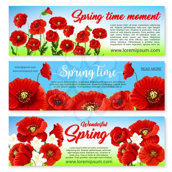 Happy Spring banners set templates with holiday greetings and quotes. Springtime nature design of blooming poppy and orchid bouquets or daffodils blossoms and bunches on grass field with butterflies