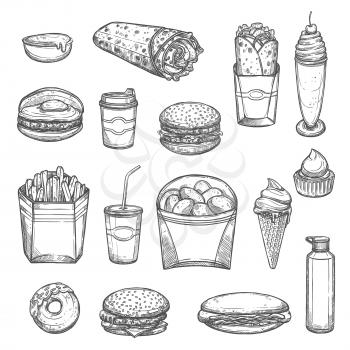 Fast food vector sketch icons. Burrito or doner wrap, hamburger and cheeseburger, milkshake or coffee, french fries and chicken nuggets, ice cream and donut or muffin cake dessert, ketchup for hot dog