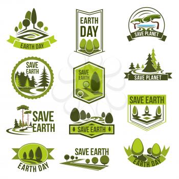 Earth Day, Save Planet eco badge set. Forest and park tree landscape, clean nature, forestland and grass field green icon with ribbon banner. Environment Day, ecology protection symbol design