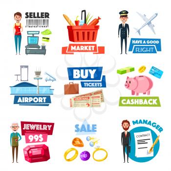 Shop selling, finance business, jewelry gems and air travel industry vector icons. Flat symbols of airplane pilot, supermarket cashier, gold rings jeweler seller and businessman with money