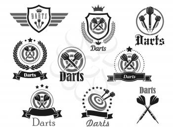 Darts club or championship tournament vector icons templates set. Isolated icons of dart board and arrows aiming to bullseye target on dartboard with victory laurel wreath ribbons, crown and stars