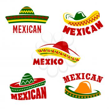 Mexican restaurant vector icons set. Isolated symbols of traditional Mexico sombrero hats for mexican cuisine cafe pub or tequila drink bar sign in national flag colors