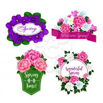 Spring Time isolated icons design of flowers and floral bouquets. Set of springtime blooming roses and begonia blossoms, crocuses bunches with green ribbons for Welcome Spring greeting quotes