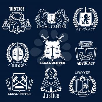 Legal center and advocacy or lawyer vector icons. Symbols of justice scales, laurel wreath and law code book, heraldic lion or swords and judge gavel for advocate and counsel attorney office
