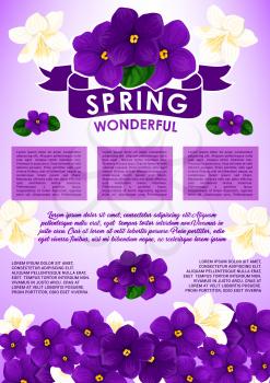 Spring floral greeting poster template. Spring flowers of white crocus, jasmine and purple violet with ribbon banner and text layout, decorated by blooming spring flower border below