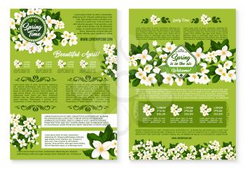 Springtime greetings vector posters set with Welcome Spring wishes and quotes. Holiday design of blooming white crocuses or snowdrops flowers and daisy blossoms on green grass lawn