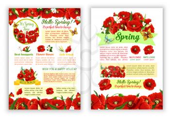 Hello Spring poster with vector floral bouquets. Red blooming poppy flowers and springtime flourish jasmine blossoms or lily buds with butterflies and spring greeting design