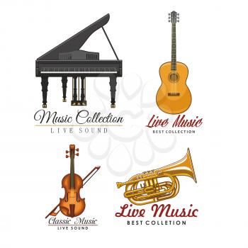 Live music vector icons set for musical sound festival labels. Isolated symbols of classic musical instruments piano and guitar, fiddle violin or contrabass and saxophone or trumpet